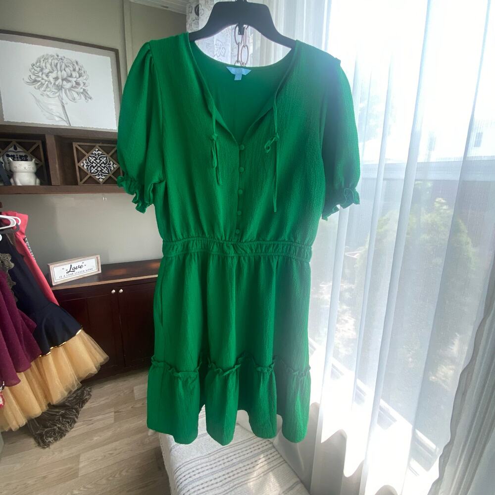 Draper James RSVP Green Puff Sleeve Ruffle Hem Dress Size Large